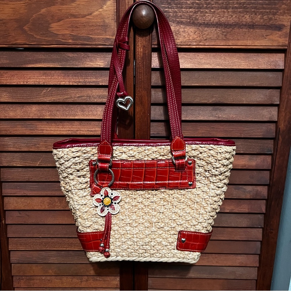 Brighton Straw and Red Leather Tote with Flower Charm